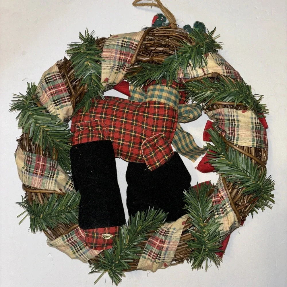 Vintage Rustic Style Reindeer Christmas Wreath Plaid Patchwork Pinecones Decor